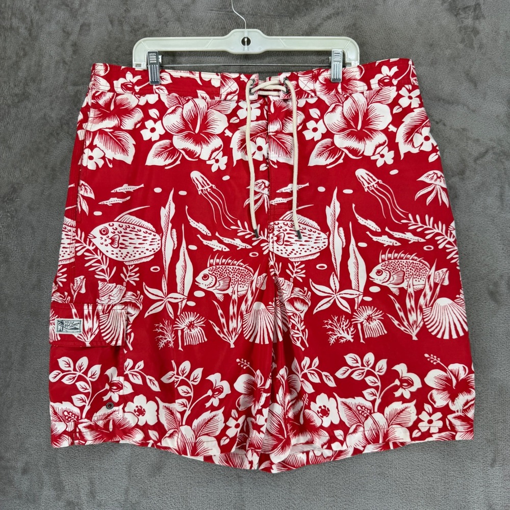 Polo Ralph Lauren Swim Trunks Men XLT Red Tropical Fish Hibiscus EUC
